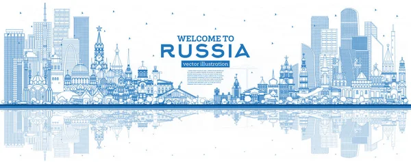 Esquema Bienvenido a Rusia Skyline con edificios azules . — Vector de stock