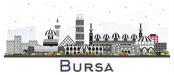 Bursa Turkey City Skyline com edifícios coloridos isolados em branco —  Vetores de Stock