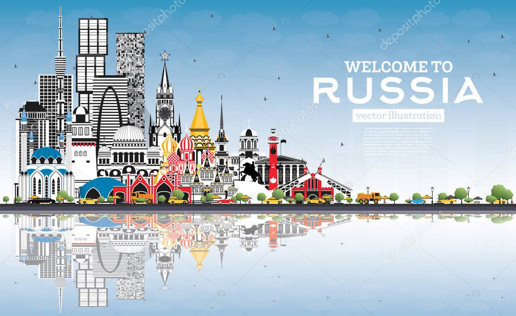 Welcome to Russia Skyline with Gray Buildings and Blue Sky. 