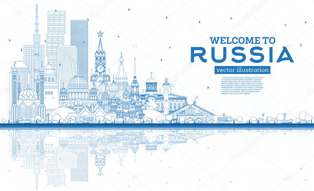 Outline Welcome to Russia Skyline with Blue Buildings.