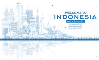 Outline Welcome to Indonesia Skyline with Blue Buildings and Ref