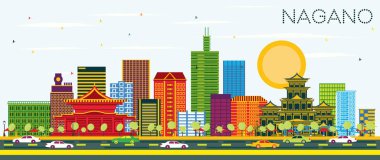 Nagano Japonya şehir manzarası renkli binalar ve mavi gökyüzü. Vektör çizim. İş seyahat ve Turizm kavramı Modern mimariye sahip. Nagano Cityscape yerler ile. 