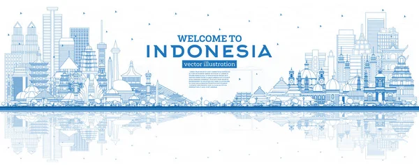 Outline Selamat datang di Indonesia Skyline with Blue Buildings and Ref - Stok Vektor
