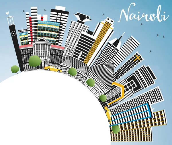 Ο ορίζοντας της πόλης στο Ναϊρόμπι με τα έγχρωμα κτήρια, το Blue Sky και το Co — Διανυσματικό Αρχείο