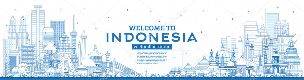 Outline Welcome to Indonesia Skyline with Blue Buildings.