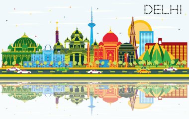 Delhi Hindistan şehir manzarası renkli binalar, mavi gökyüzü ile tașõma