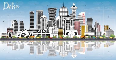 Renkli Binalar, Mavi Gökyüzü ve Refle ile Doha Katar Şehri Skyline
