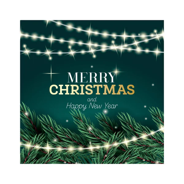 メリークリスマスとハッピーニューイヤーグリーティングカード 緑の背景にネオンガーランドとフェアブランチ ベクターイラスト — ストックベクタ