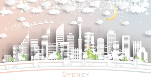 Sydney Australia City Skyline in Paper Cut Style with Snowflakes — стоковий вектор