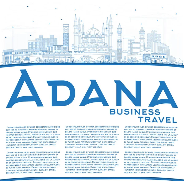 Esquema Adana Turquía Ciudad Skyline con edificios azules y copia S — Archivo Imágenes Vectoriales