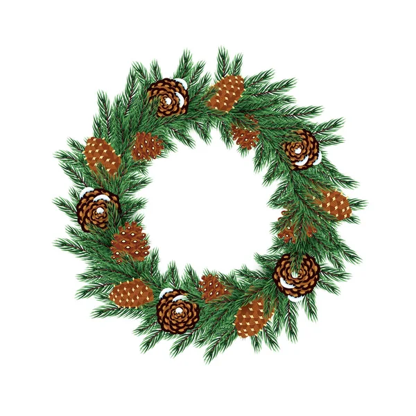 Corona de Navidad con rama de abeto verde y conos aislados en Whi — Archivo Imágenes Vectoriales
