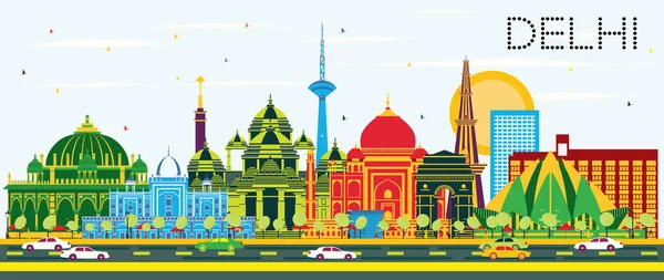 Renk binalar ve mavi gökyüzü ile Delhi Hindistan şehir manzarası. — Stok Vektör