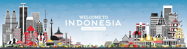 Добро пожаловать в Индонезию Skyline с серыми зданиями и голубым небом . — стоковый вектор