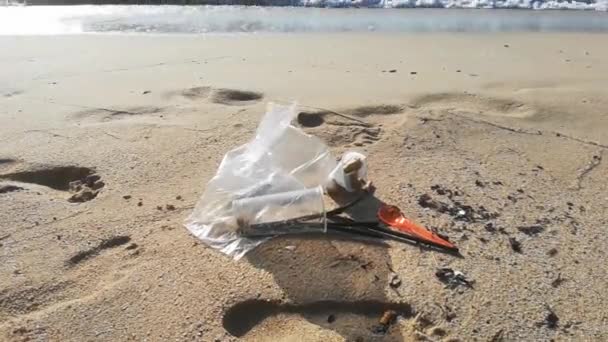 Contaminación Del Agua Del Mar Playa Después Fiesta — Vídeos de Stock