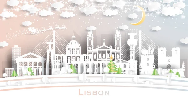 Lisboa Portugal City Skyline en estilo de corte de papel con copos de nieve , — Vector de stock