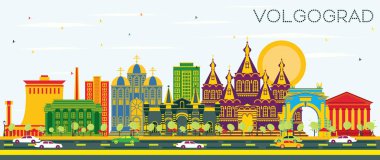 Volgograd Rusya şehir manzarası renkli binalar ve mavi gökyüzü ile.