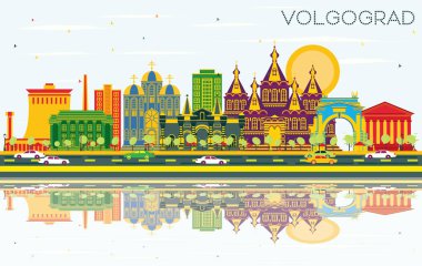 Volgograd Rusya şehir manzarası renkli binalar, mavi gökyüzü ve