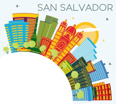 San Salvador City Skyline Renkli Binalar, Mavi Gökyüzü ve Polis