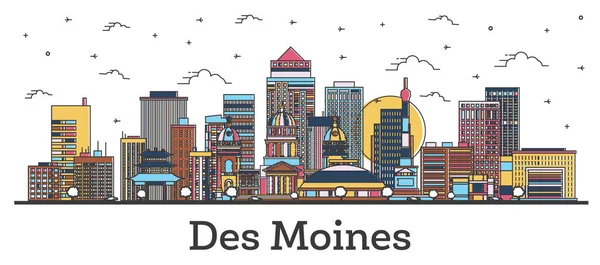 Vázlat Des Moines Iowa City Skyline színes épületek Isolat — Stock Vector