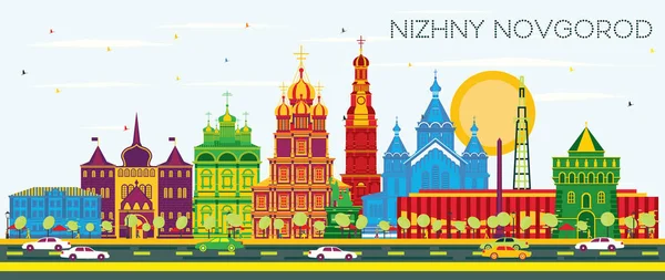 Nizhny novgorod russland stadtsilhouette mit farbigen gebäuden und blu — Stockvektor