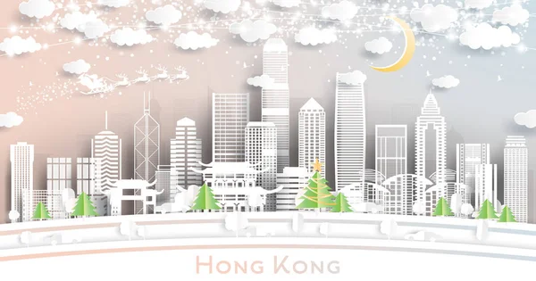 Hongkong Kina City Skyline i papper skära stil med snöflingor, — Stock vektor