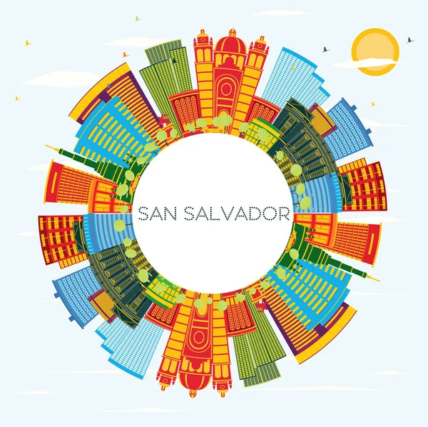 San Salvador City Skyline s barevnými budovami, modrým nebem a policistou — Stockový vektor