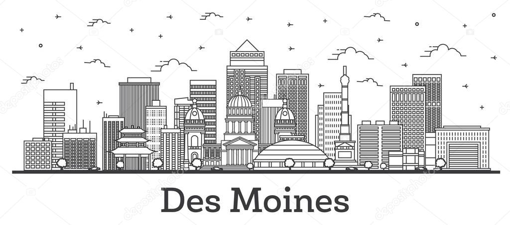 Outline Des Moines Iowa City Skyline with Modern Buildings Isola