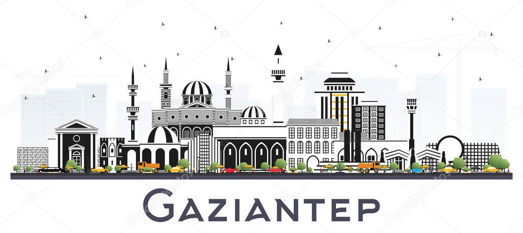 Gaziantep Turkey City Skyline with Color Buildings Isolated on W