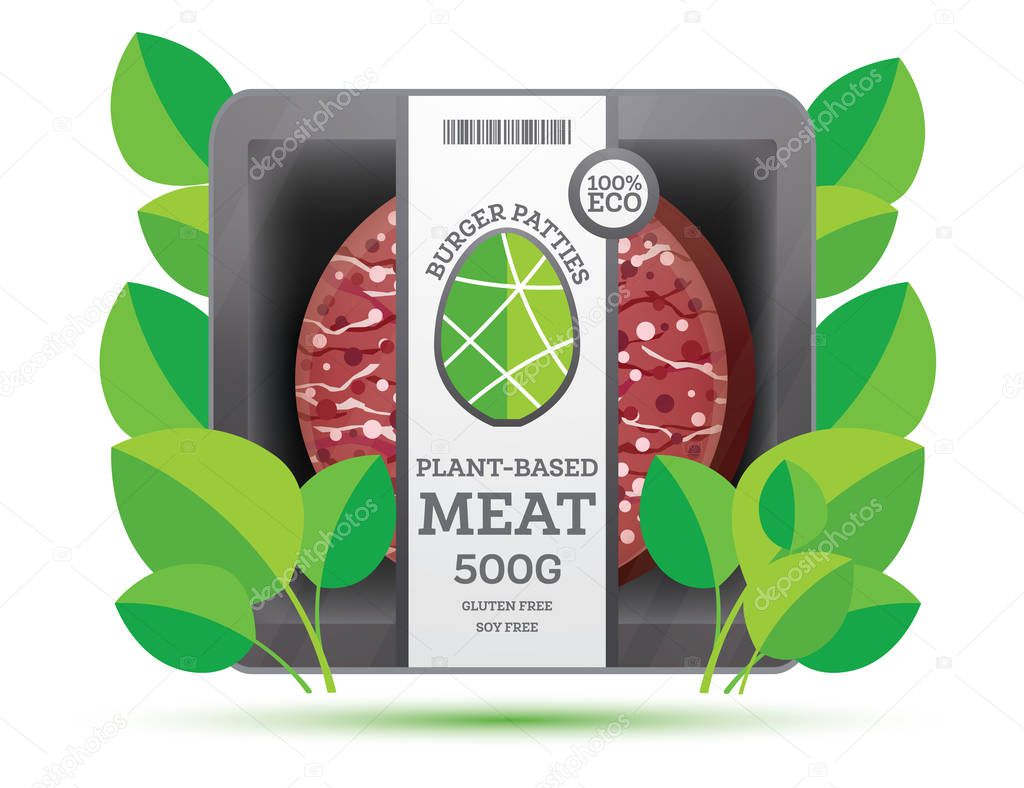 Burger Patties from Plant Based Meat in Package Isolated on Whit