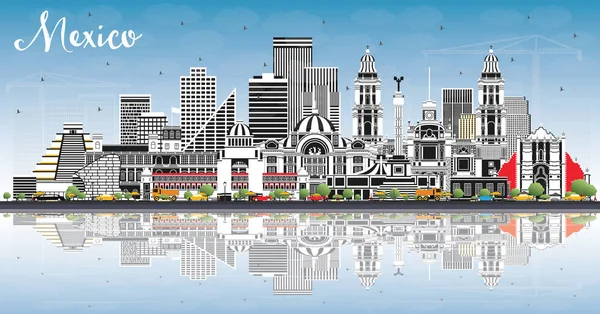 Gri Binalı Mexico City Skyline, Mavi Gökyüzü ve Yansıması
