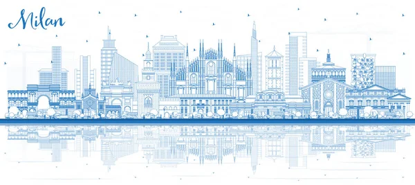 Outline Milano City Skyline con Blue Buildings e Reflect — Vettoriale Stock