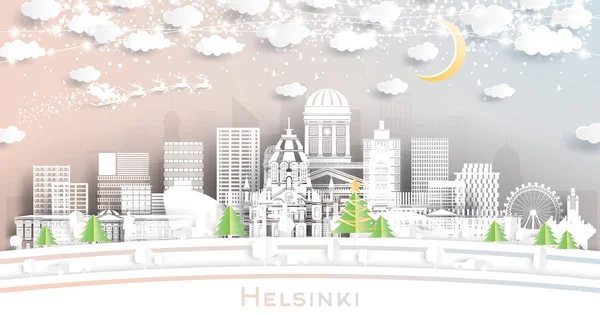 Helsinki Finlandia City Skyline en estilo de corte de papel con copos de nieve — Vector de stock