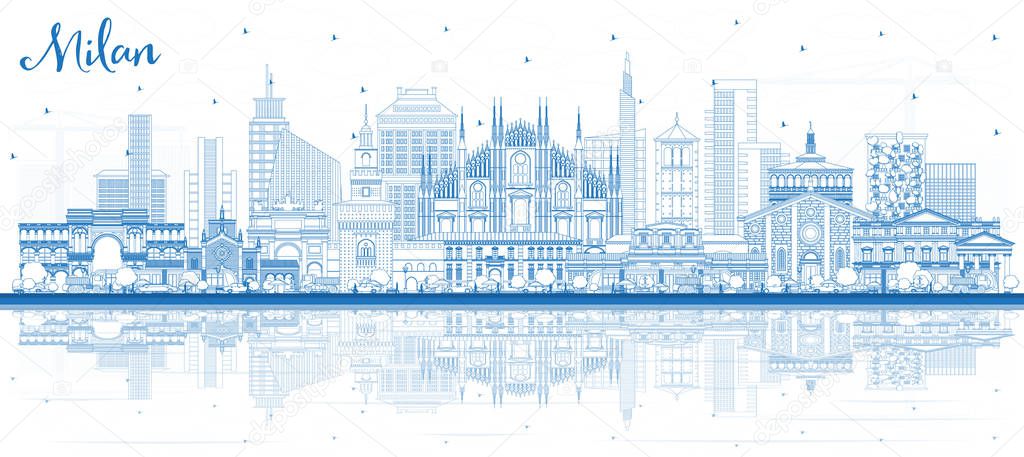 Outline Milan Italy City Skyline with Blue Buildings and Reflect