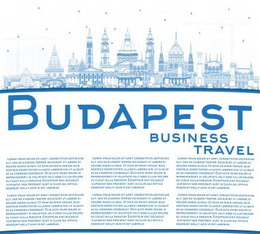 Budapeşte 'nin ana hatlarıyla Macar Şehri Mavi Binalar ve Yeniden Yapılandırılmış Skyline