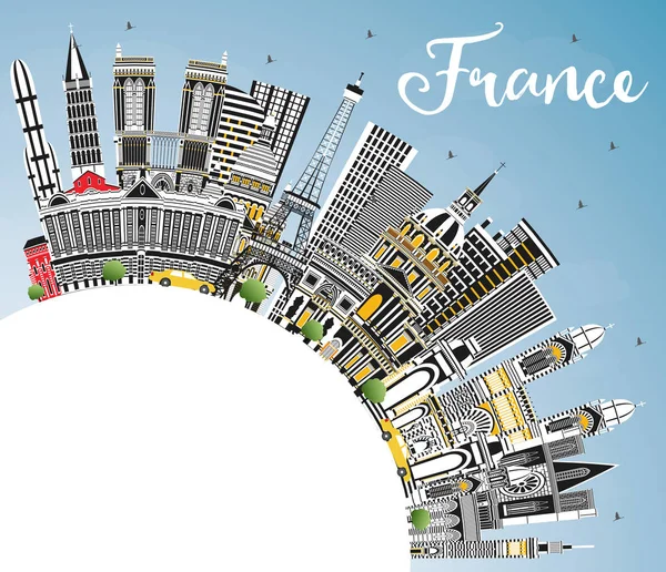 Bienvenue en France Skyline avec bâtiments gris, ciel bleu et copie — Image vectorielle