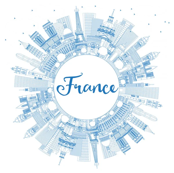 Umriss der französischen Stadtsilhouette mit blauen Gebäuden und Kopierraum. — Stockvektor