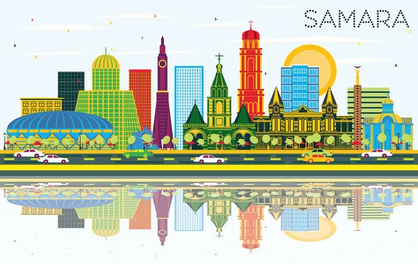 Samara Russia City Skyline with Color Buildings, Blue Sky and Re - Stok Vektor