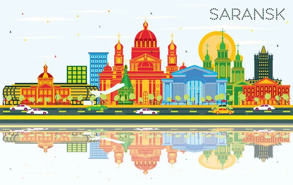 Saransk Rusya şehir manzarası renkli binalar, mavi gökyüzü ve R — Stok Vektör