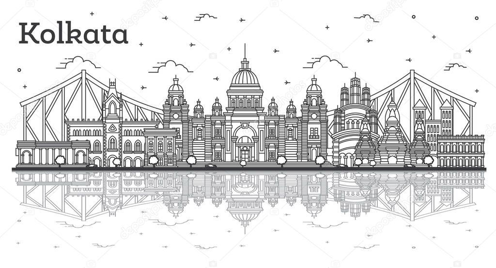 Outline Kolkata India City Skyline with Historic Buildings and R