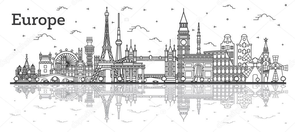 Outline Famous Landmarks in Europe with Reflections. 