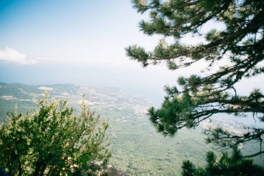 Ukrayna, Kırım manzarası. Alupka Kasabası yakınlarındaki Kırım 'ın panoramik manzarası. Kırım 'ın güney kıyısında. Görüntü Ai Petri 'den. Karadeniz Arkaplanda.