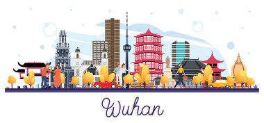 Wuhan Cin sehrinin silueti beyaz renkli binalar ile izole edildi. Vektör İllüstrasyonu. Modern Mimariyle İş Seyahatleri ve Turizm Konsepti. Tarihi İşaretli Wuhan Şehri.