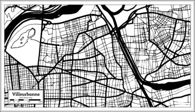 Villeurbanne Fransa haritası siyah ve beyaz renkte. Vektör İllüstrasyonu. Özet Haritası.