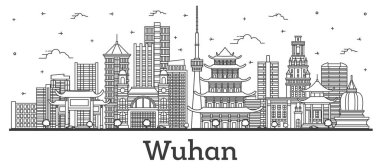 Wuhan Çin şehrinin ana hatlarıyla modern binalar beyazlar üzerinde izole edildi. Vektör İllüstrasyonu. Tarihi İşaretli Wuhan Şehri.