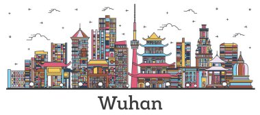 Wuhan Çin şehir siluetinin ana hatları. Renkli binalar beyaza izole edilmiş. Vektör İllüstrasyonu. Tarihi İşaretli Wuhan Şehri.