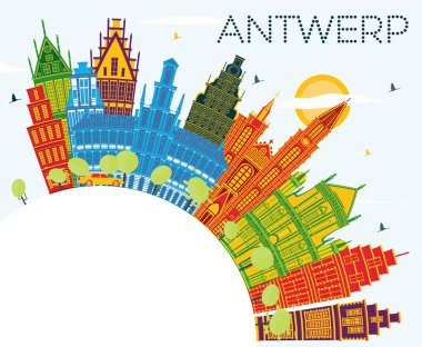 Antwerp Belçika Renkli Binalar, Mavi Gökyüzü ve Kopya Uzayı ile Skyline. Vektör İllüstrasyonu. Tarihi Mimariyle İş Seyahati ve Turizm Konsepti. Tarihi Simgeli Antwerp Kenti.