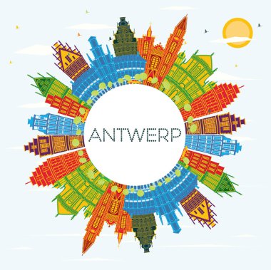 Antwerp Belçika Renkli Binalar, Mavi Gökyüzü ve Kopya Uzayı ile Skyline. Vektör İllüstrasyonu. Tarihi Mimariyle İş Seyahati ve Turizm Konsepti. Tarihi Simgeli Antwerp Kenti.