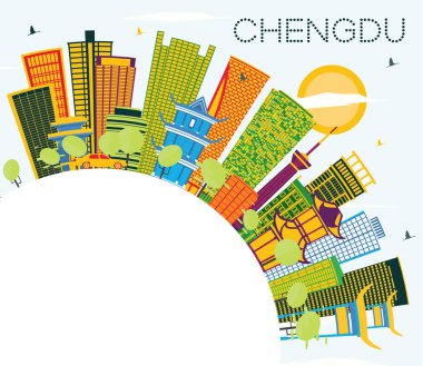Chengdu Çin Şehri Renkli Binalar, Mavi Gökyüzü ve Kopya Uzayı ile Skyline. Vektör İllüstrasyonu. Modern Mimariyle İş Seyahatleri ve Turizm Konsepti. Tarihi Simgeli Chengdu Şehri.