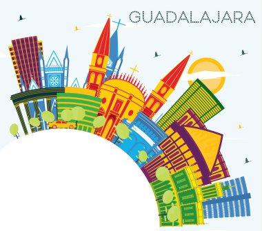 Guadalajara Mexico City Skyline, Renkli Binalar, Mavi Gökyüzü ve Kopya Uzay. Vektör İllüstrasyonu. Tarihi Mimariyle İş Seyahati ve Turizm Konsepti. Tarihi İşaretli Guadalajara Şehir Manzarası.