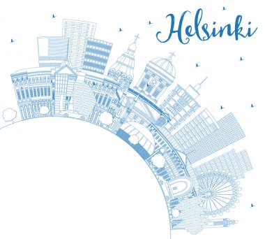Mavi Binalar ve Copy Space ile Anahat Helsinki Finlandiya Şehir Skyline. Vektör İllüstrasyon. Tarihi Mimari ile İş Seyahati ve Konsept. Landmarks ile Helsinki Cityscape.